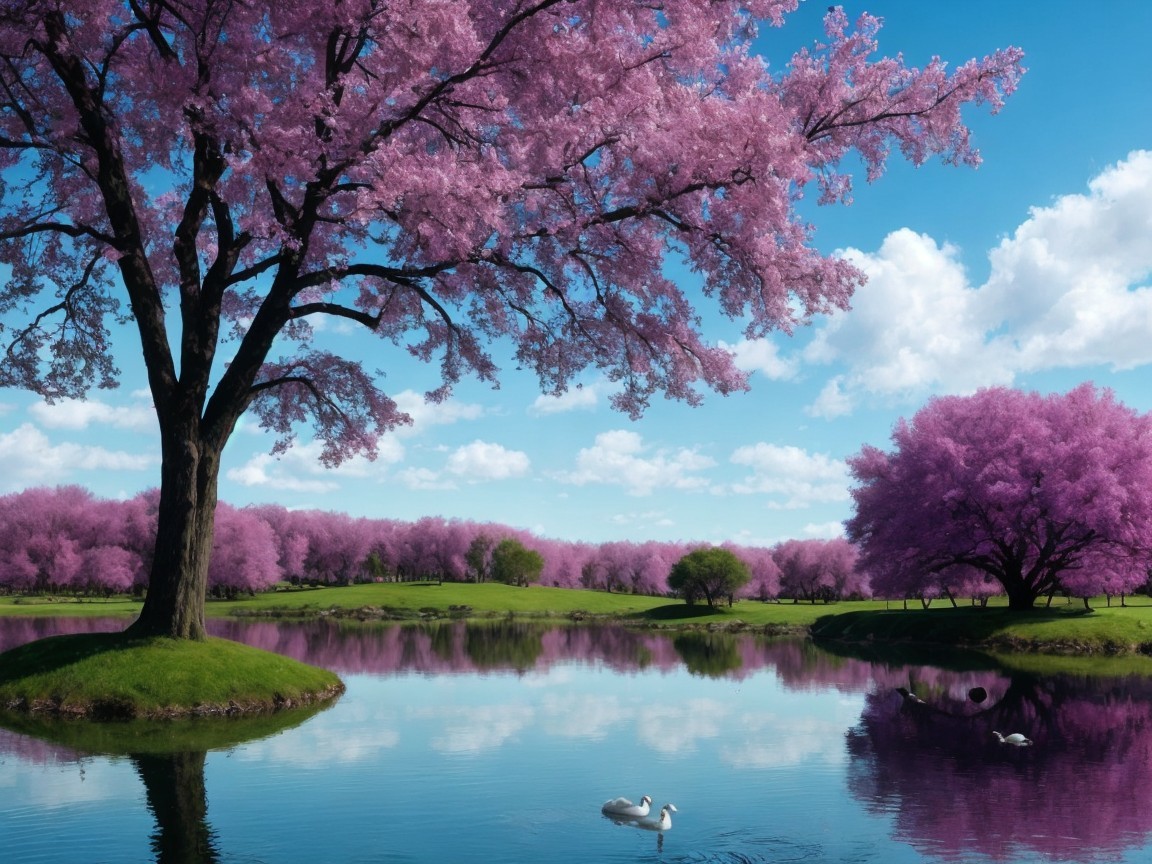 Tranquil Landscape with Purple Blossom Trees and Swans