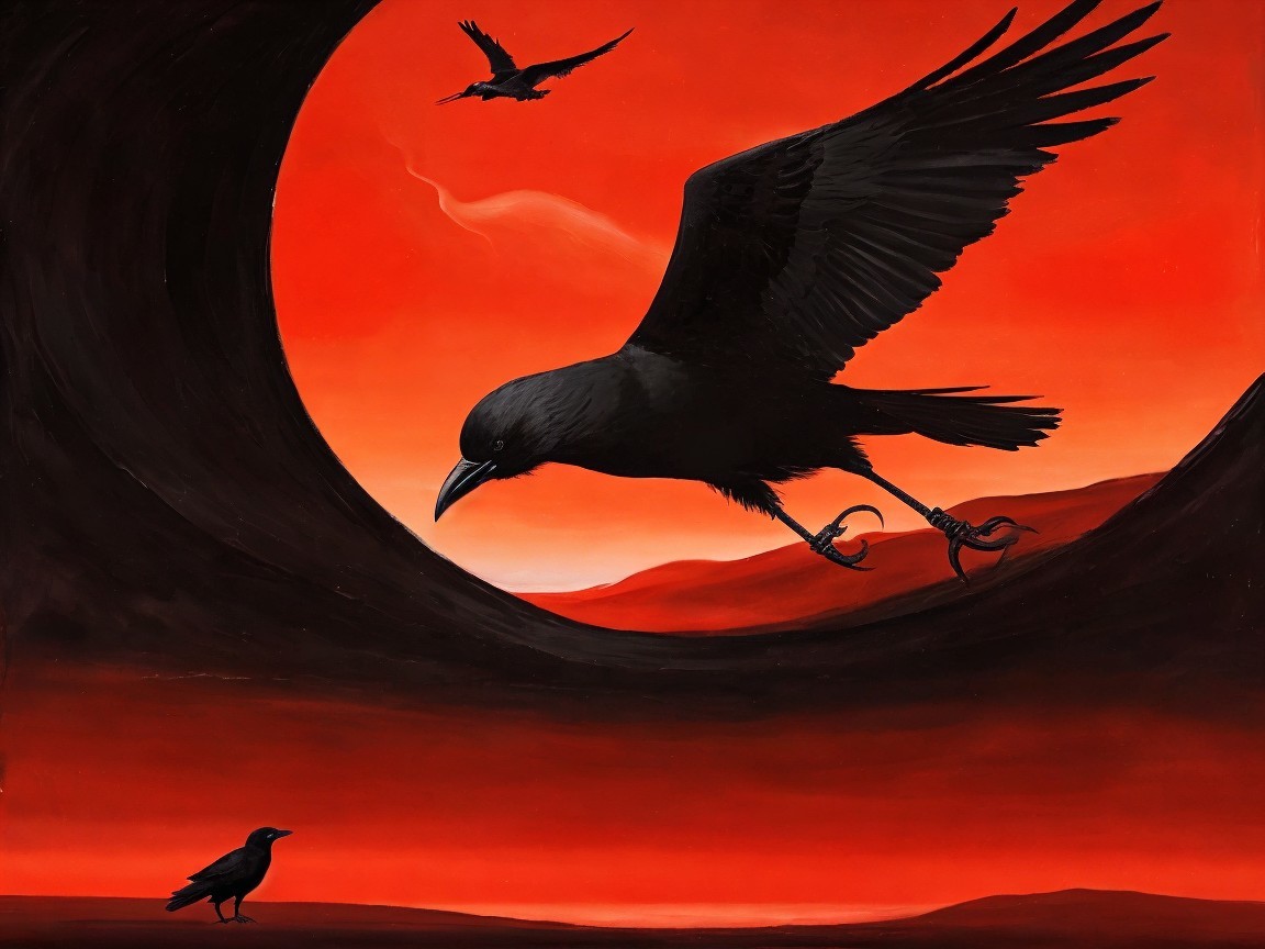 Digital Landscape of Crows Against a Red Horizon