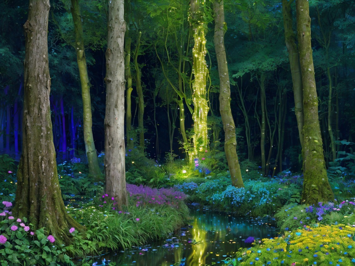 Tranquil Forest Scene with Ethereal Lights and Stream