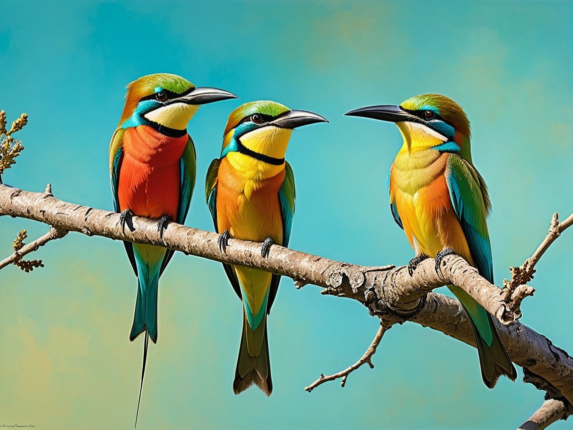 Vibrant Birds with Colorful Plumage on a Branch