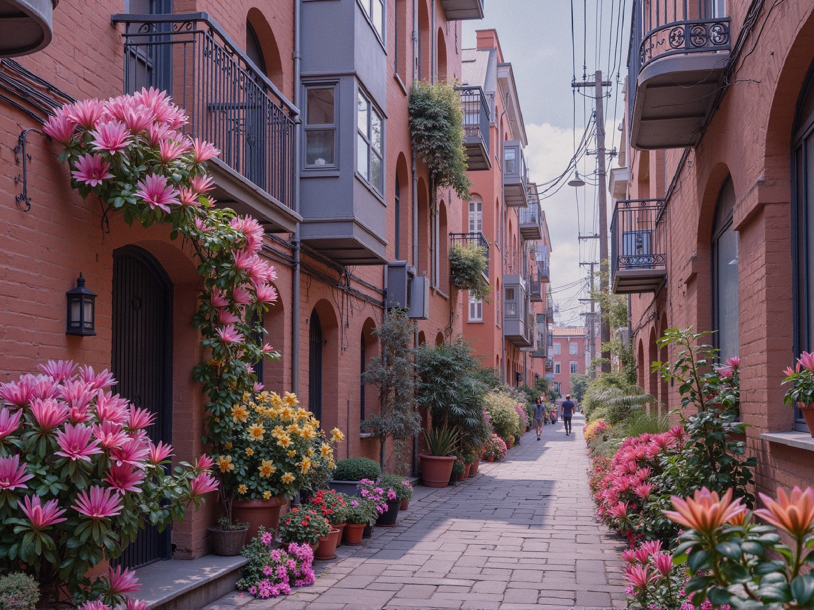 Charming Alleyway with Colorful Flowers and Brick Buildings