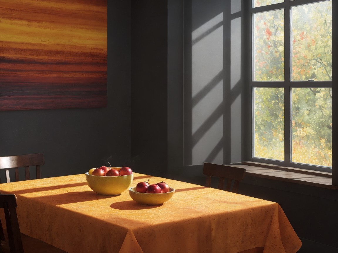 Sunlit Dining Room with Orange Tablecloth and Apples
