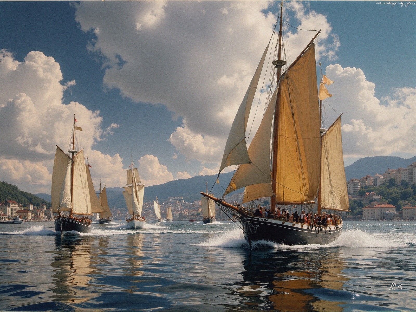 Sailboats on a shimmering waterway under vibrant skies