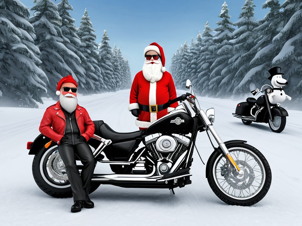 Digital Art of Santa Clauses and Snowman on Motorcycles