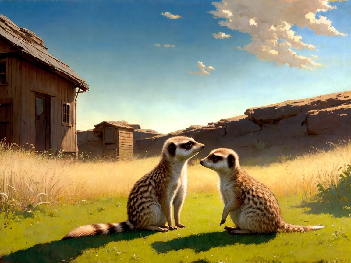 Meerkats in Sunlit Field with Rustic Cabin and Hills