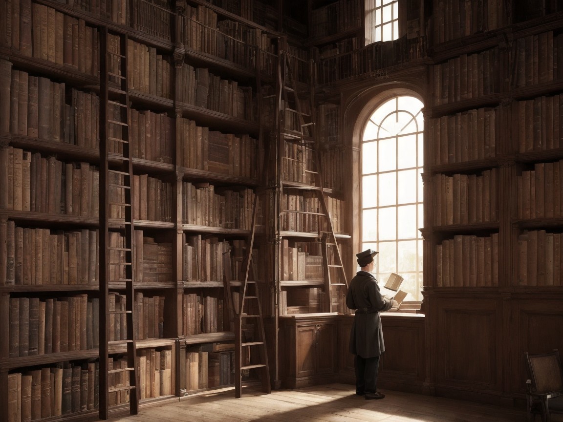 Vintage library with wooden bookshelves and books