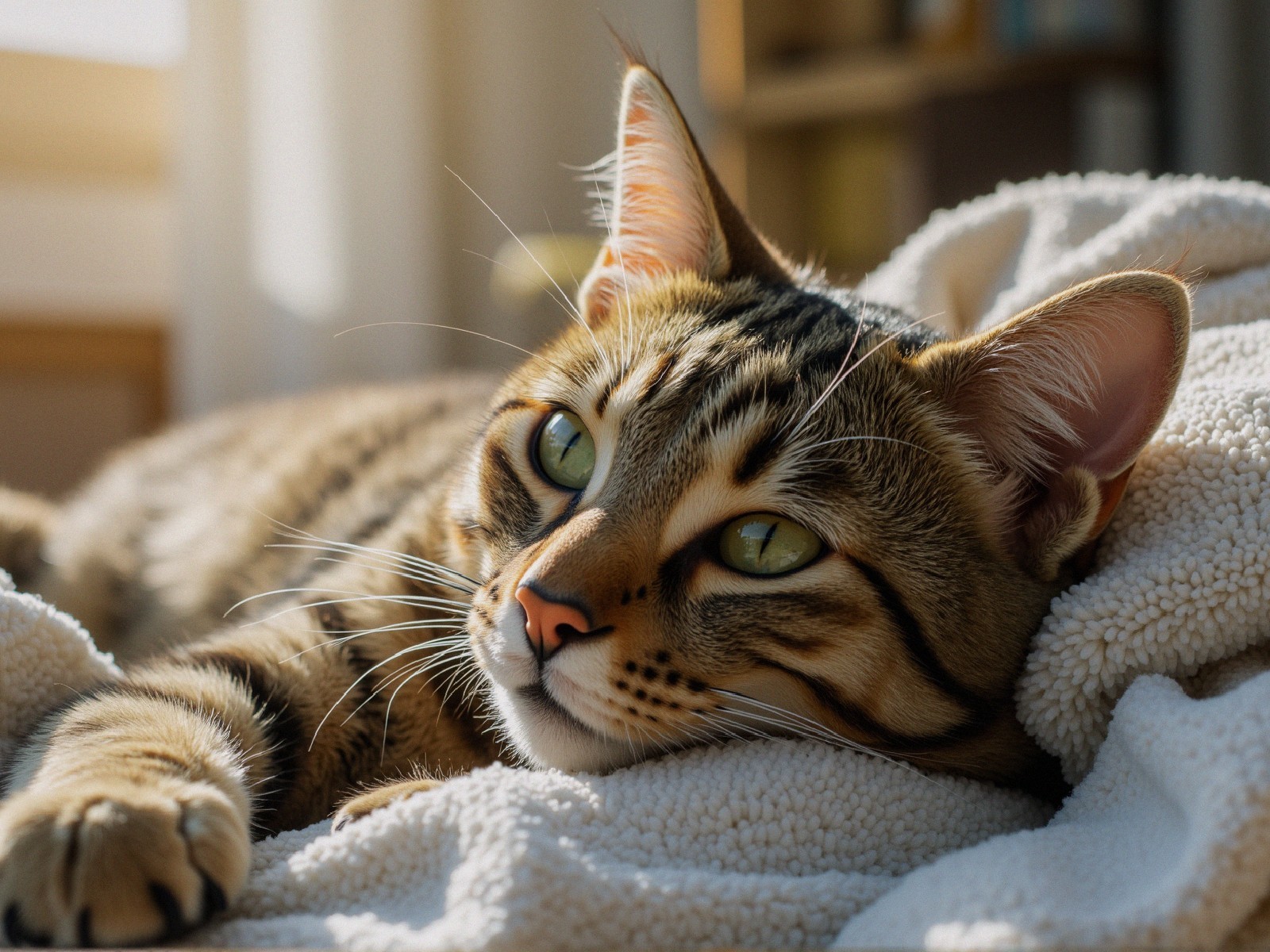 Close-up of a relaxed tabby cat on a blanket