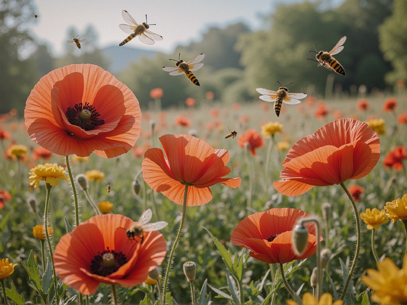 Vibrant Field of Red Poppies and Yellow Wildflowers