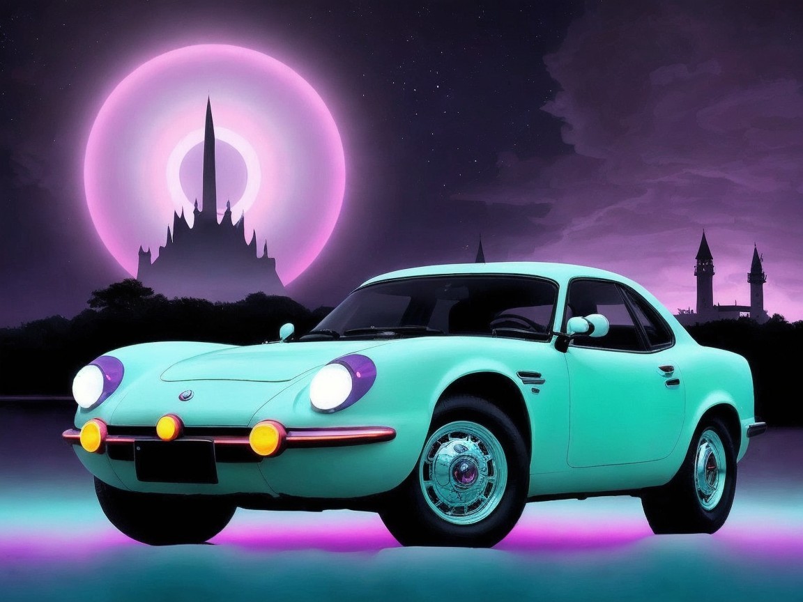 Vintage Mint Green Car Against Surreal Castle Scene