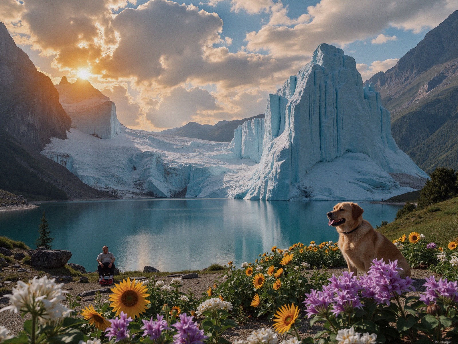 Serene Glacier Landscape with Lake and Flowers
