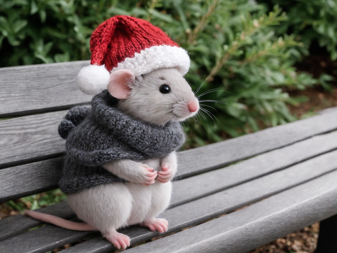 Festive Mouse on Bench with Holiday Attire and Foliage