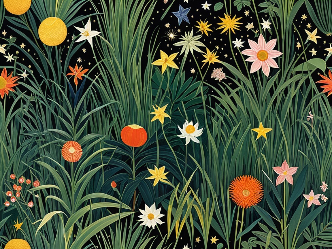 Vibrant Botanical Tapestry on Black Background