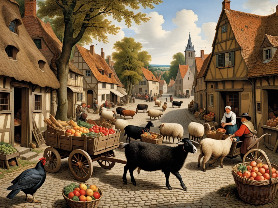 Charming Village Scene with Cobblestone Streets and Farms