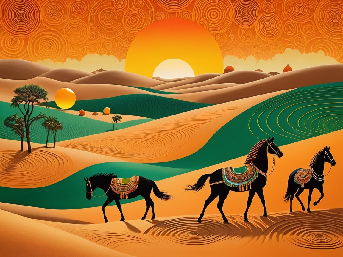 Majestic Black Horses in Colorful Saddles at Sunset