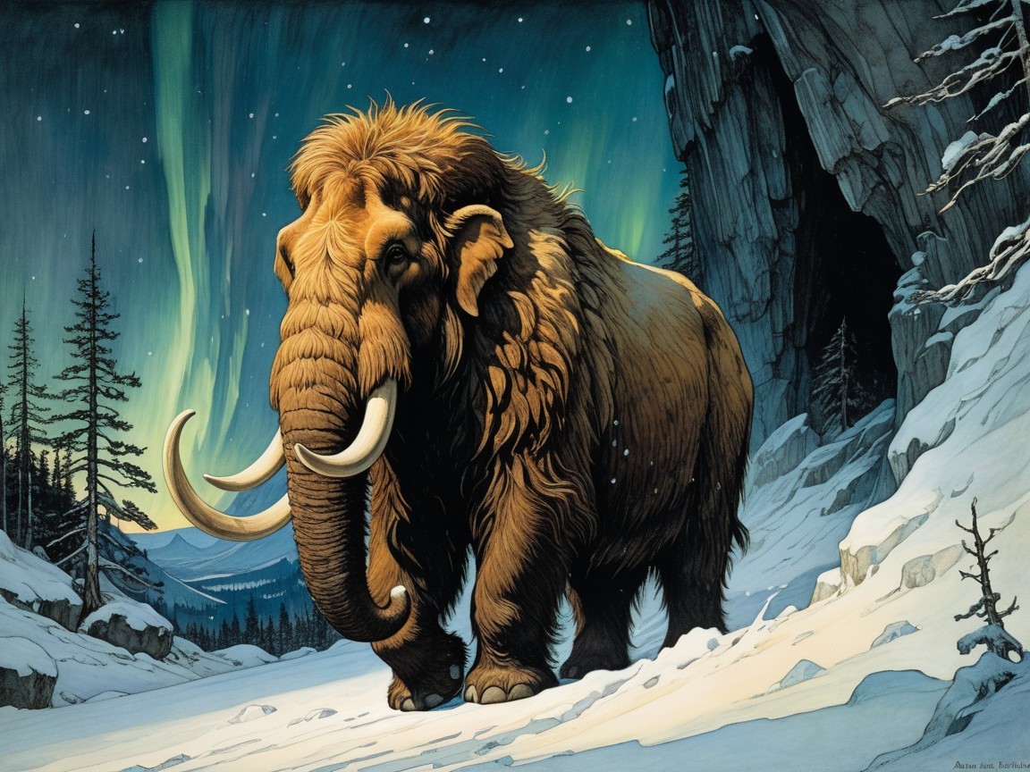 Woolly Mammoth in a Snowy Aurora Landscape