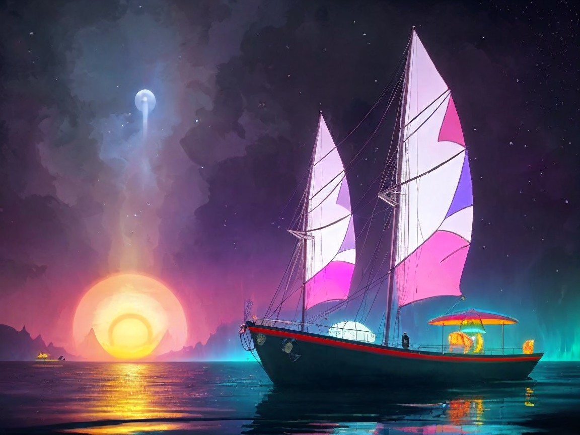 Sailboat with Pink Sails on Serene Sunset Waters