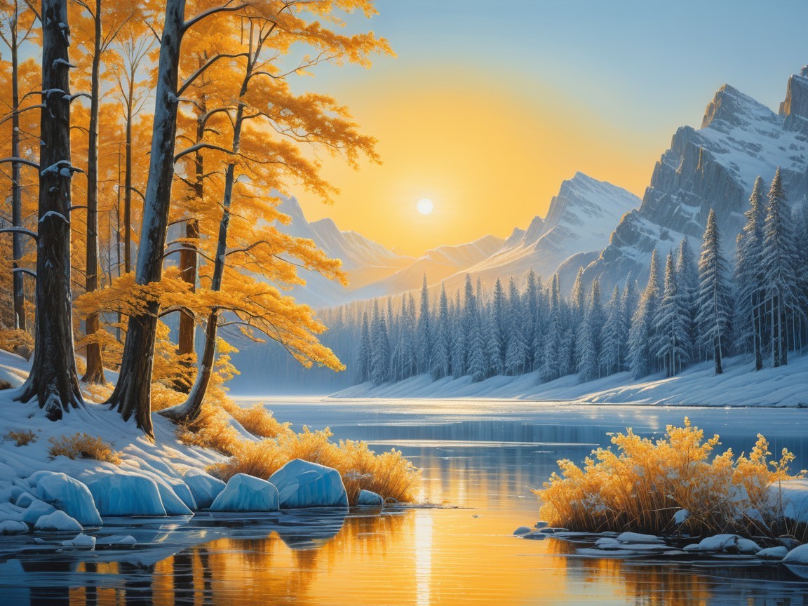 Serene Winter Landscape with Snow and Autumn Trees