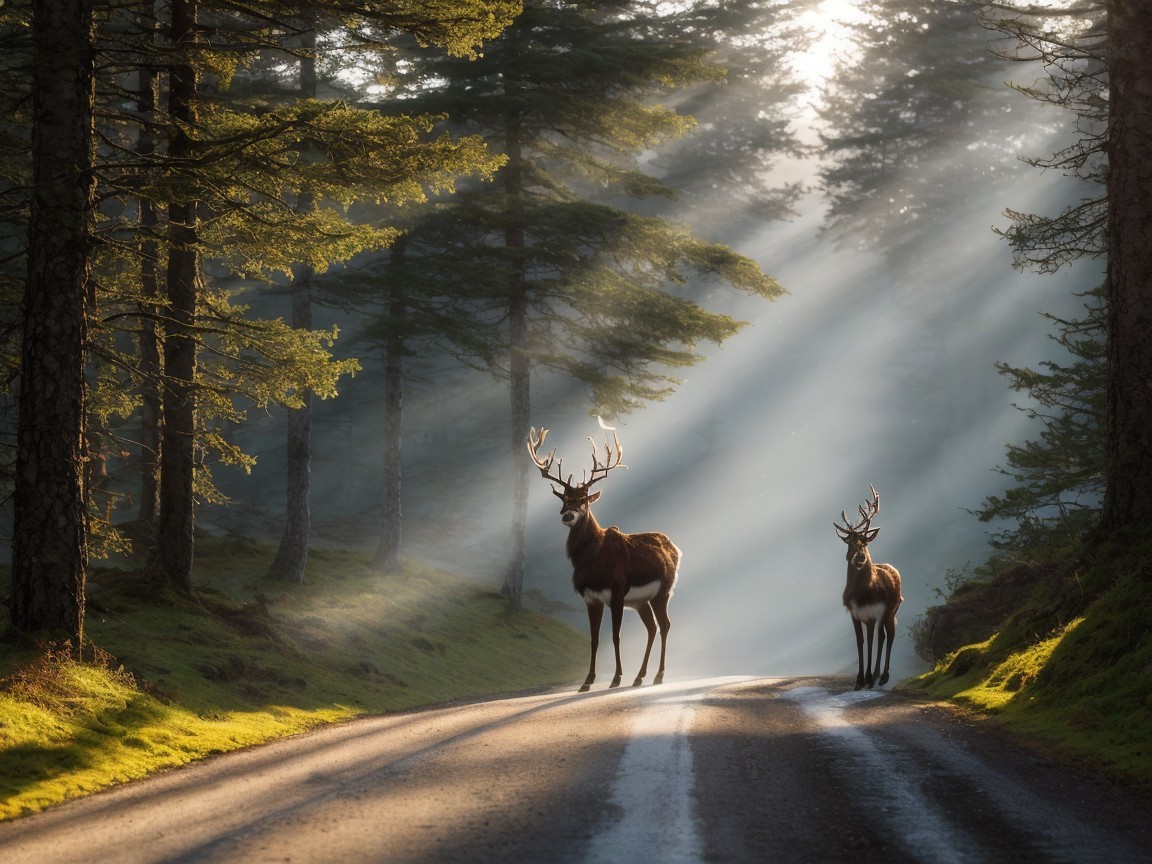 Bucks with Antlers in a Sunlit Pine Forest