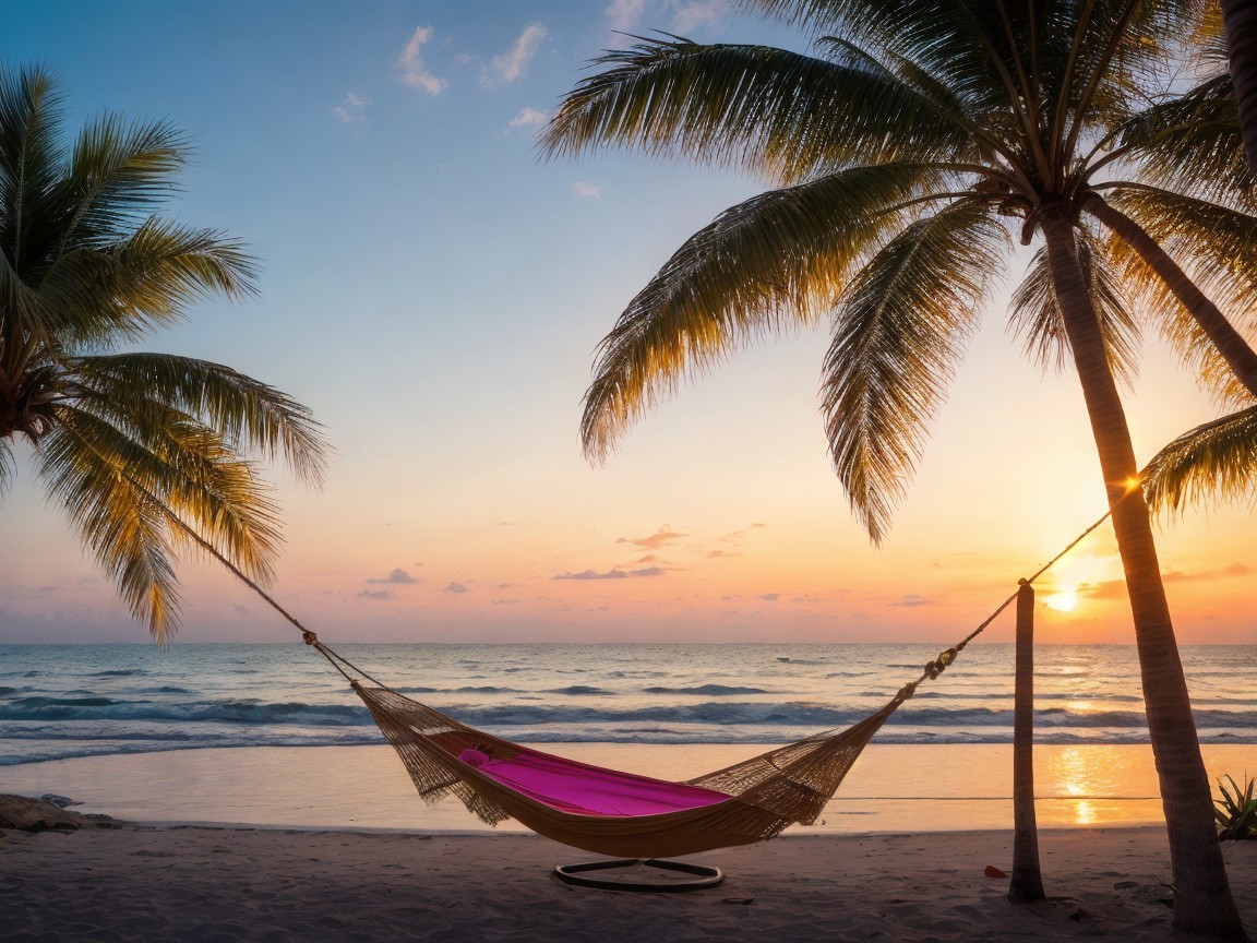 Serene Beach Sunset with Hammock and Palm Trees