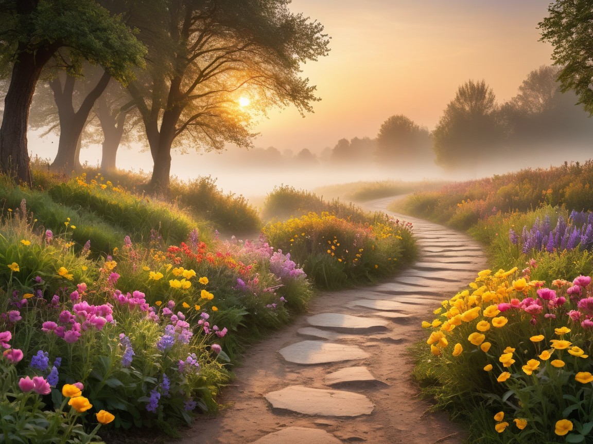 Serene Pathway in a Colorful Flower Meadow at Dawn