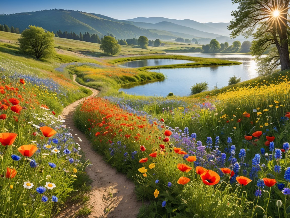 Picturesque Landscape with Lake and Wildflowers
