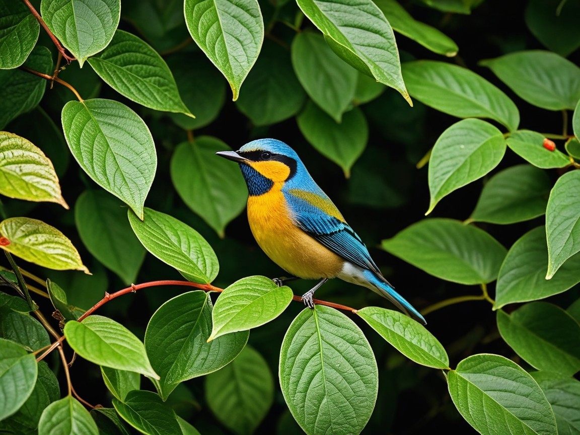 Vibrantly Colored Bird on Branch Amidst Green Leaves