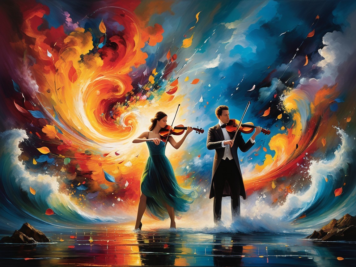 Musicians in Tuxedo and Green Dress Playing Violins