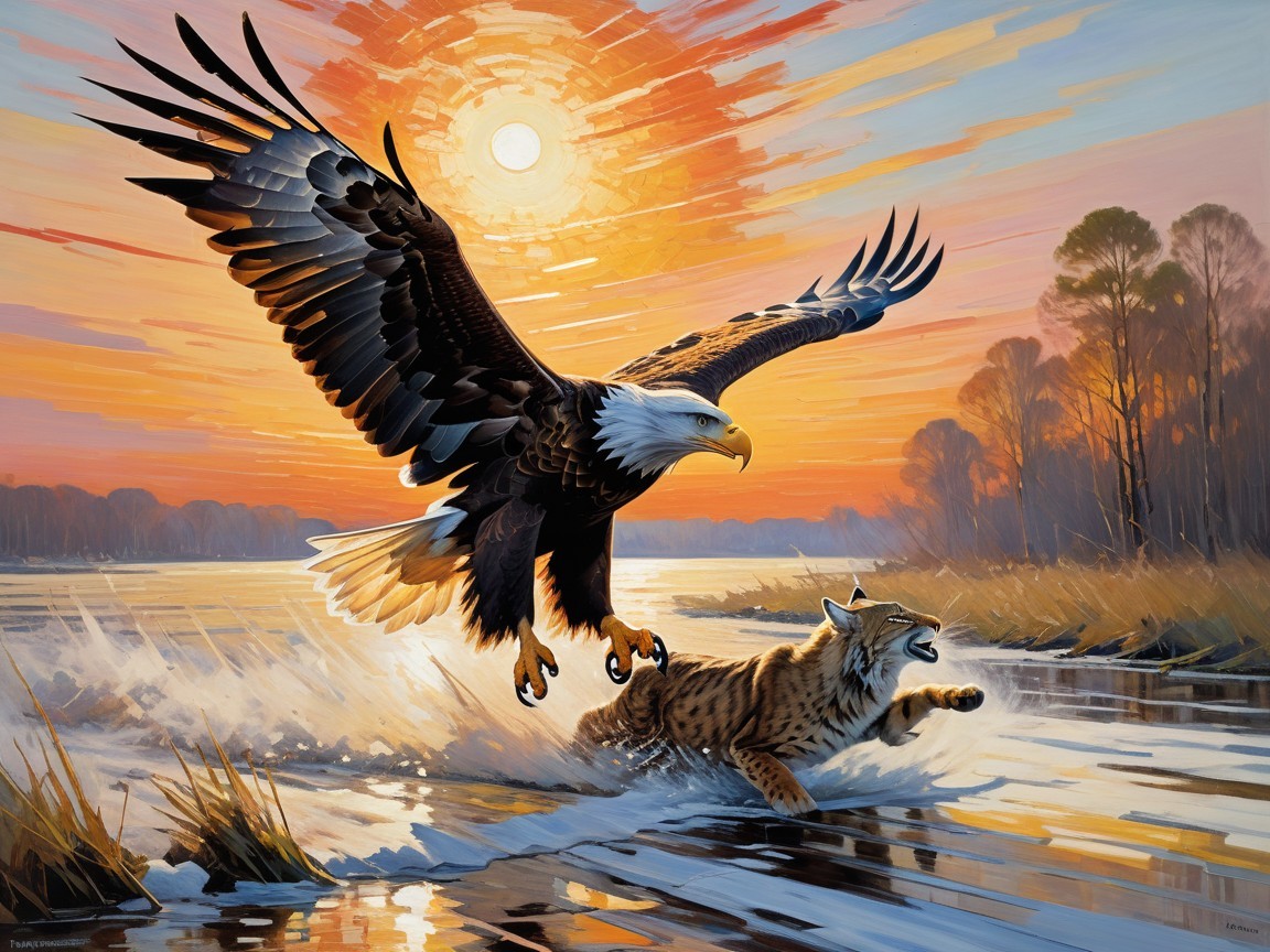 Eagle Soaring Over River with Tiger in Vibrant Sunset