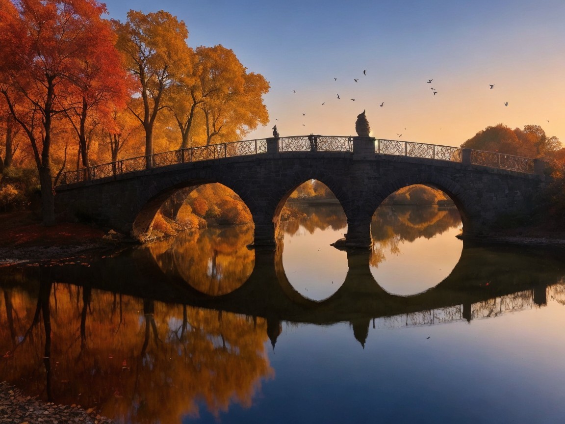 Autumn Scene with Stone Bridge and Reflective River