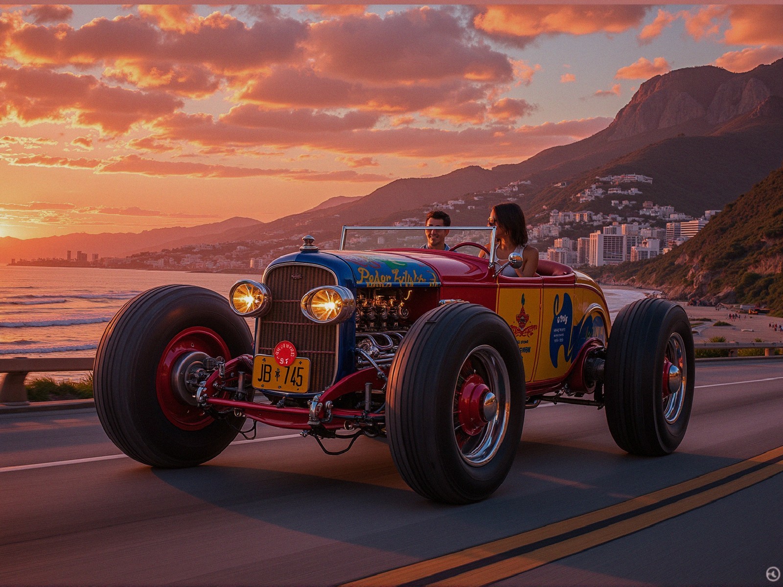 Vintage Hot Rod on Scenic Coastal Highway at Sunset