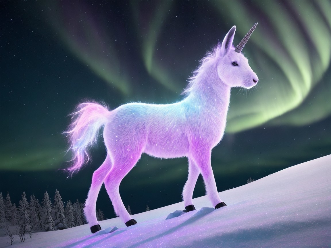 Unicorn on Snowy Hill Under Northern Lights
