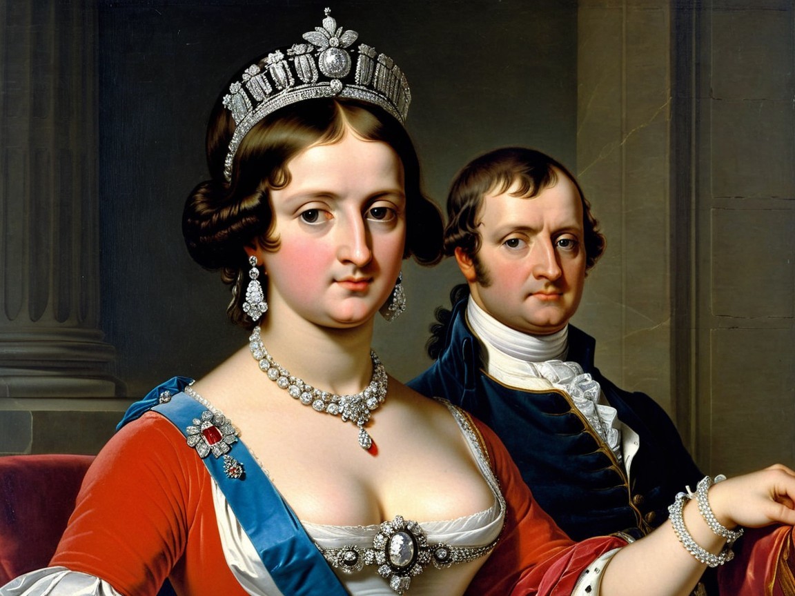 Detailed Oil Painting of Young Woman in Crown and Jewels