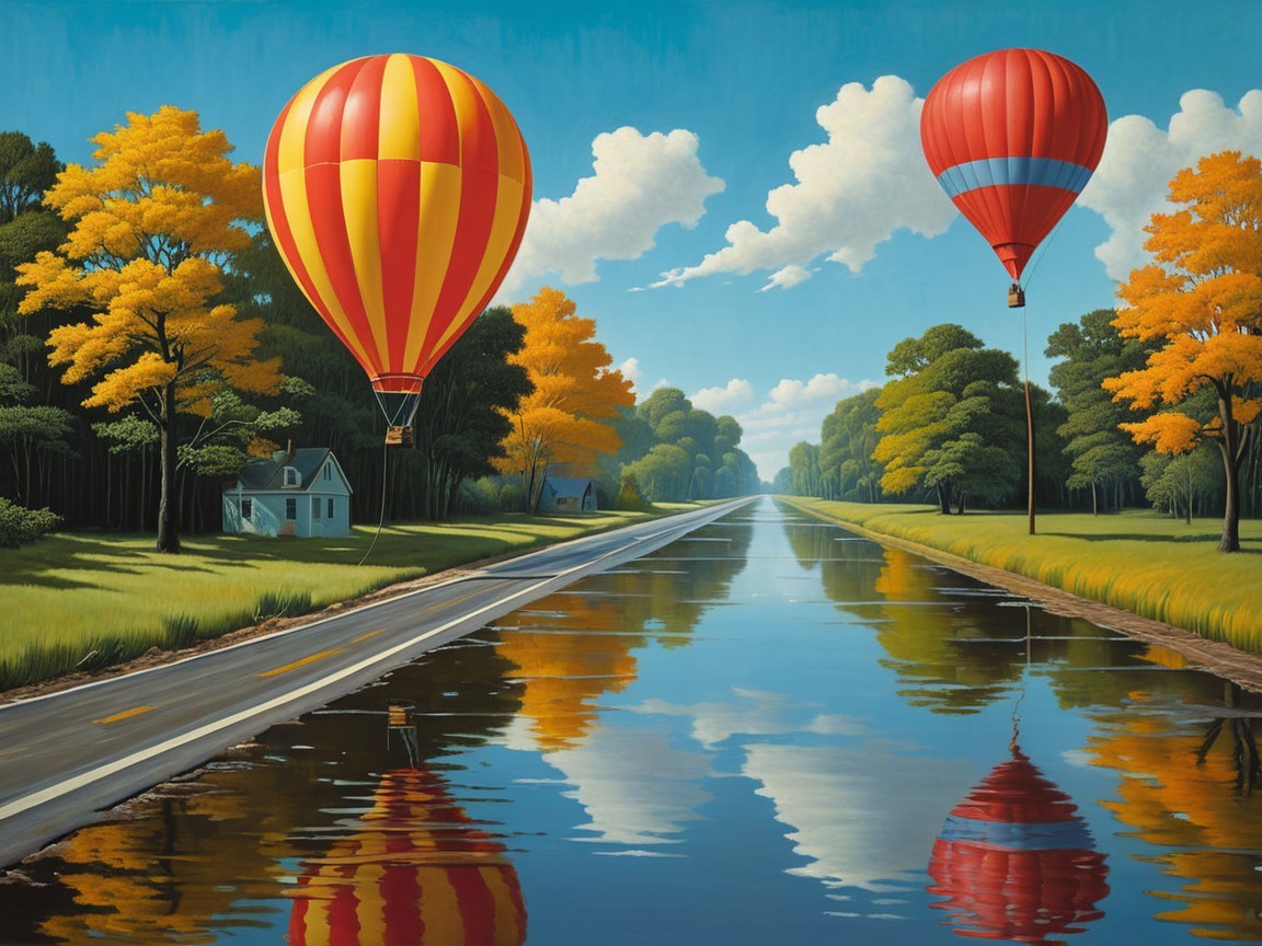 Hot Air Balloons Over Autumn Canal Landscape