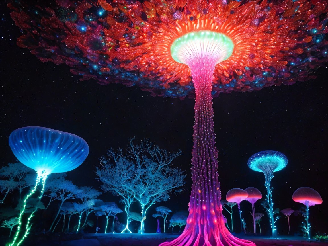Vibrant Landscape with Luminescent Mushrooms and Stars