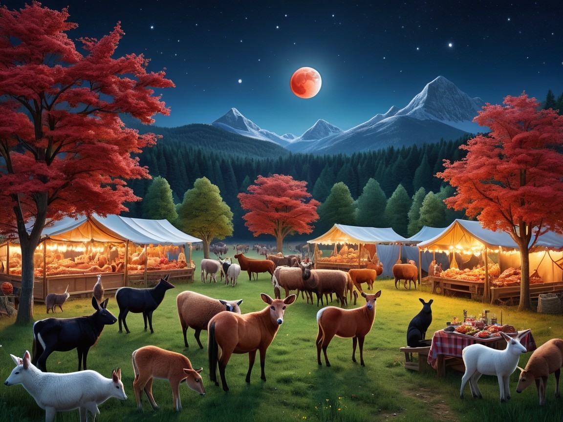 Night Scene with Blood Moon and Meadow Gathering