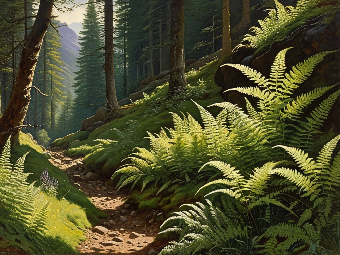 Serene Forest Path with Lush Foliage and Sunlight