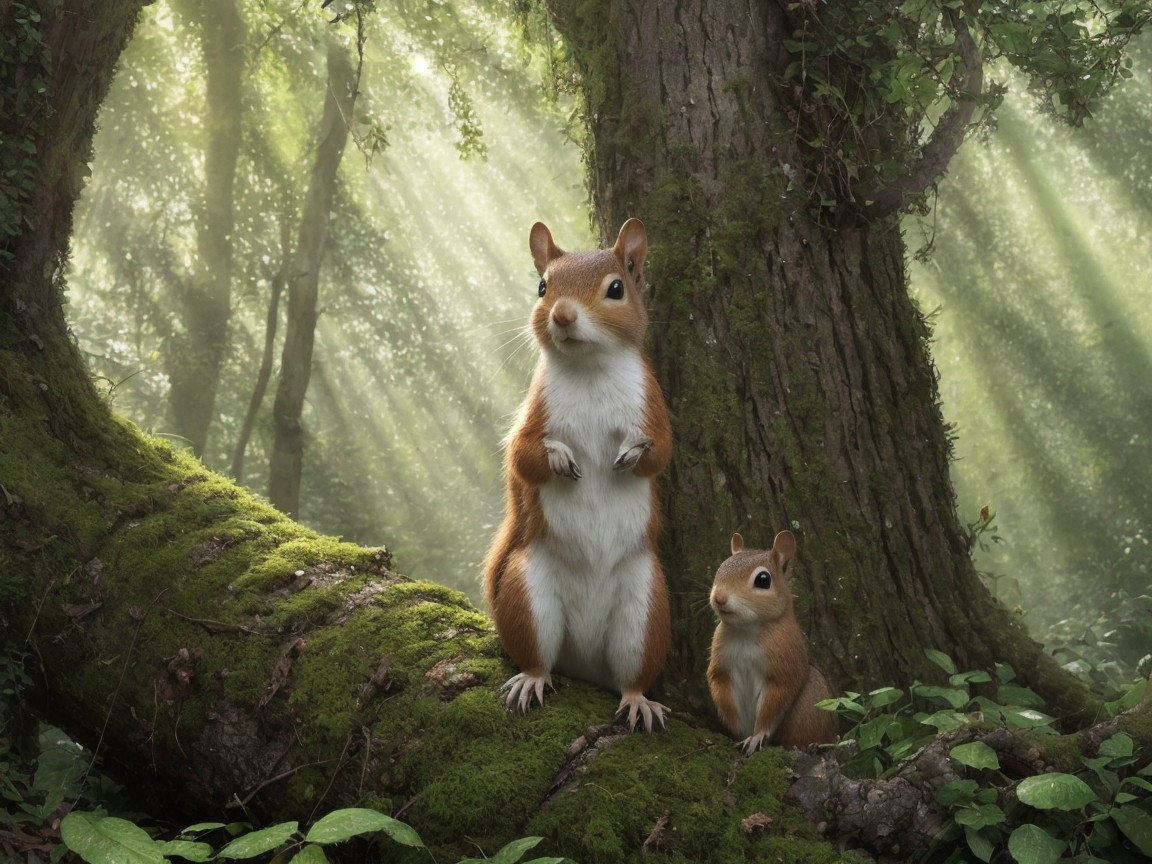 Squirrels on a Mossy Log in a Sunlit Forest