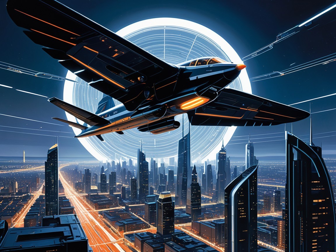 Futuristic Aircraft Over Urban Night Cityscape