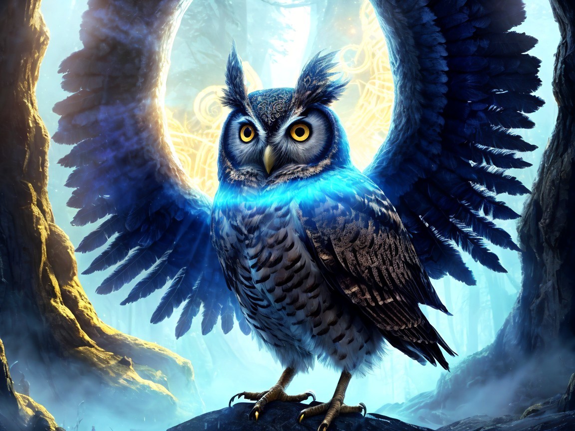 Majestic Owl in a Mystical Forest with Blue Glow