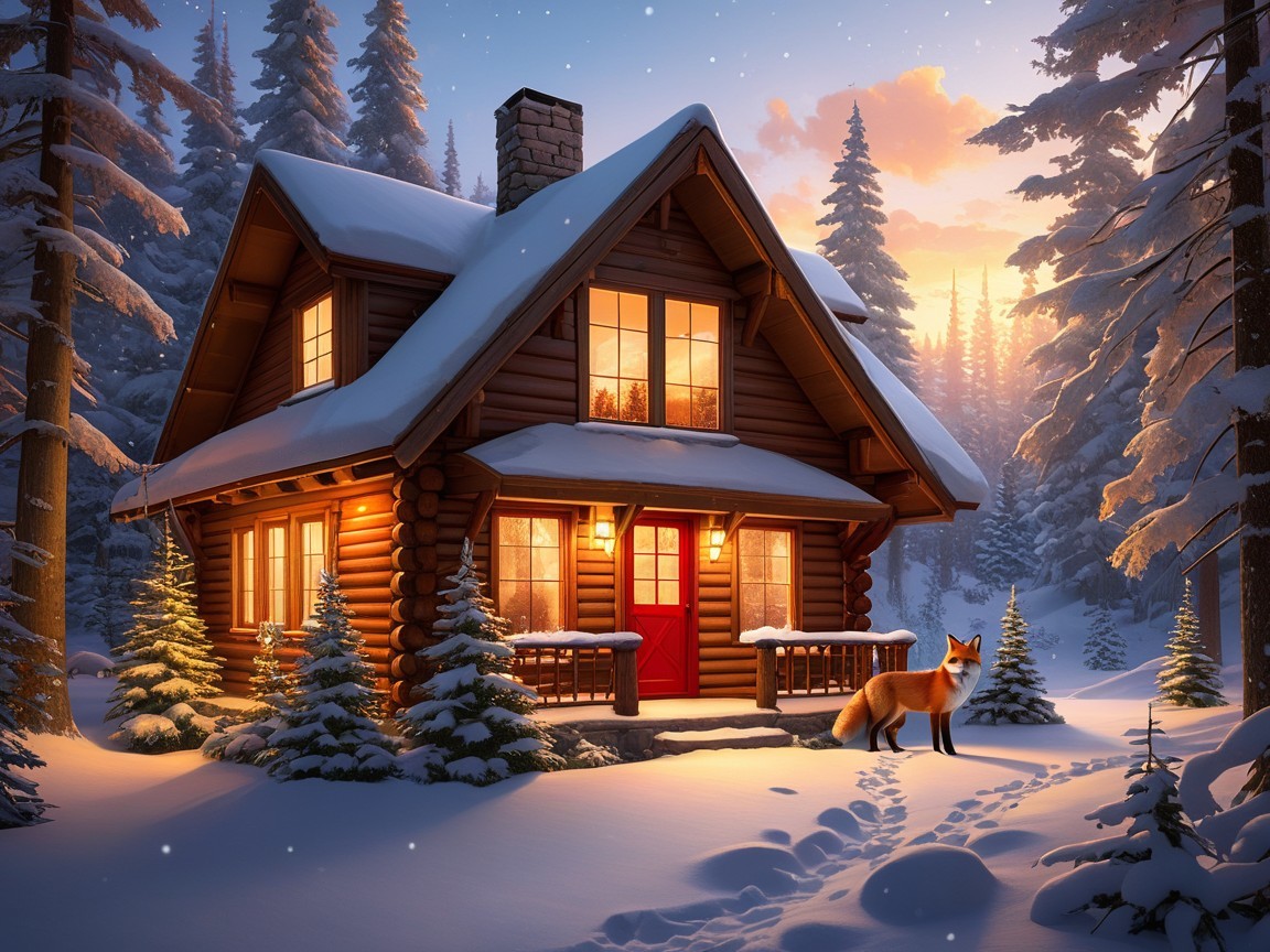 Log Cabin in Snowy Forest at Twilight with Fox