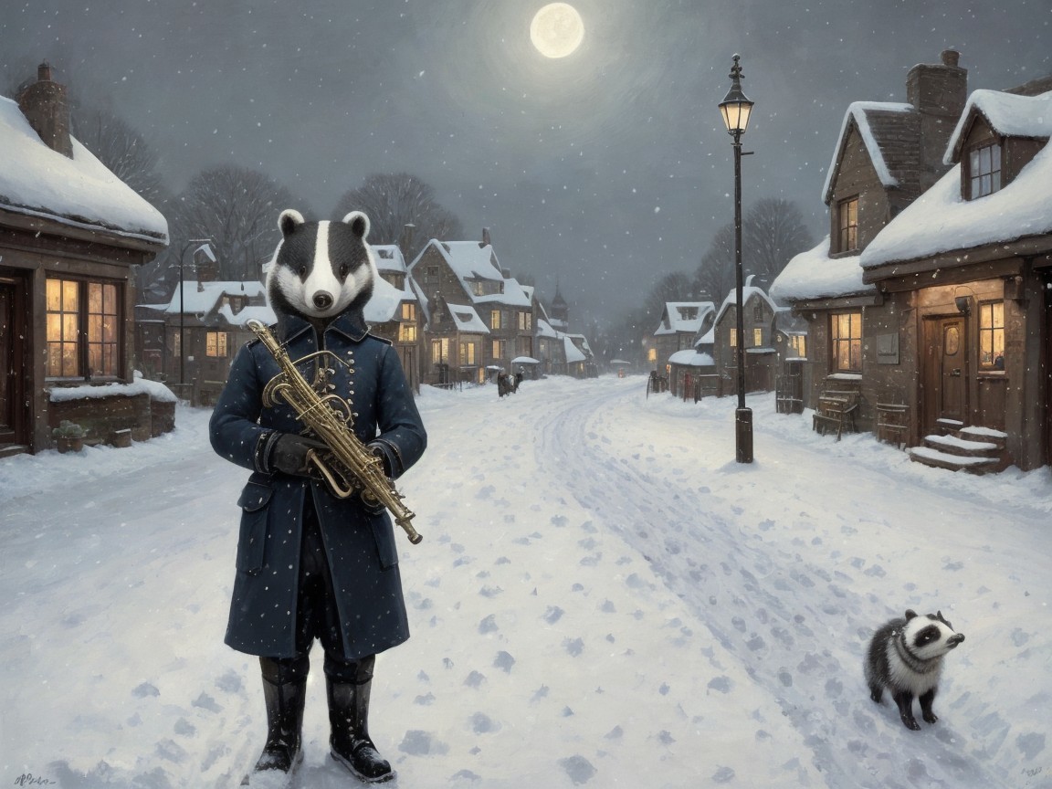 Whimsical Winter Scene with Badger Playing Saxophone