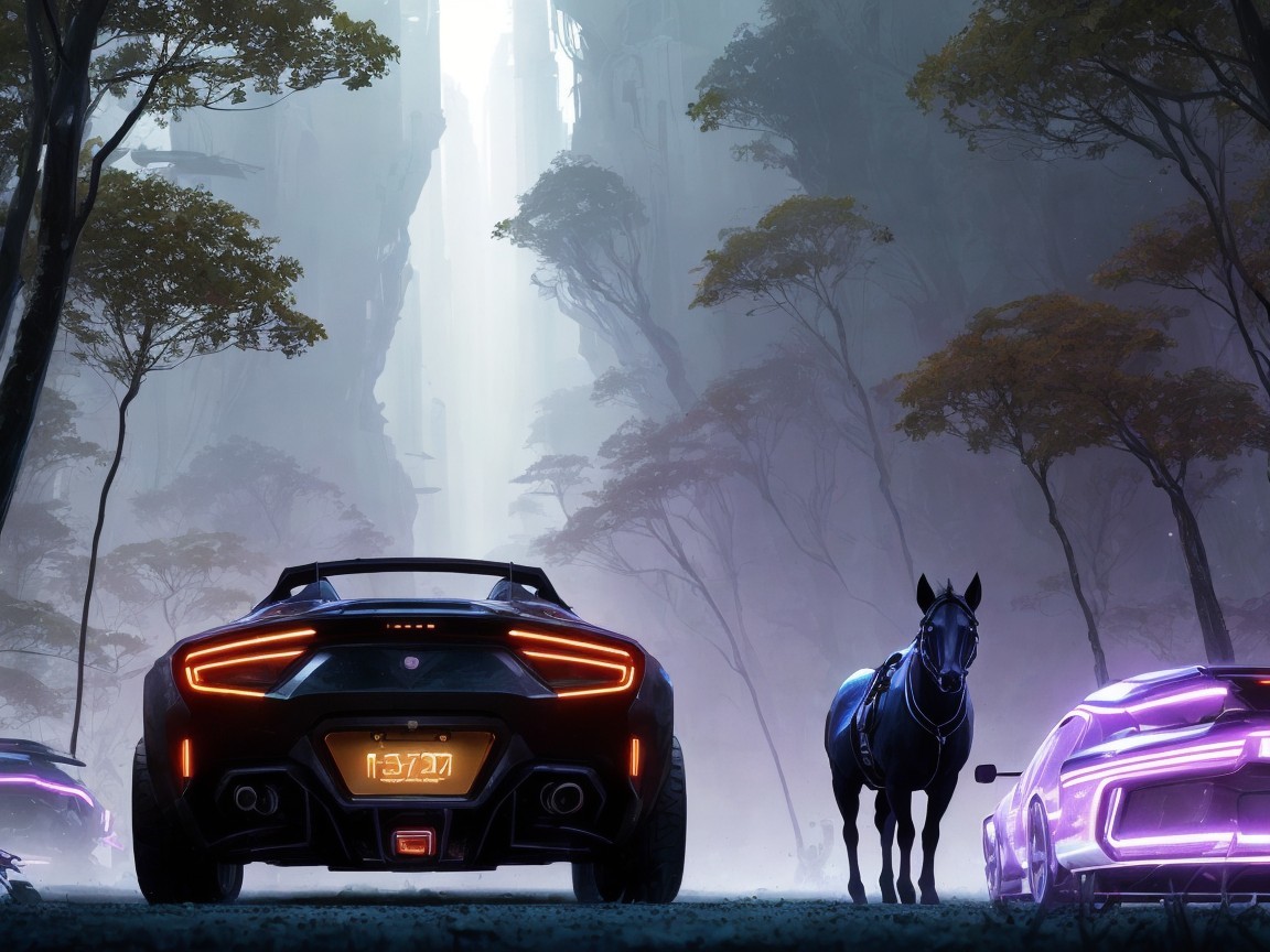 Surreal Landscape with Cars and Majestic Horse