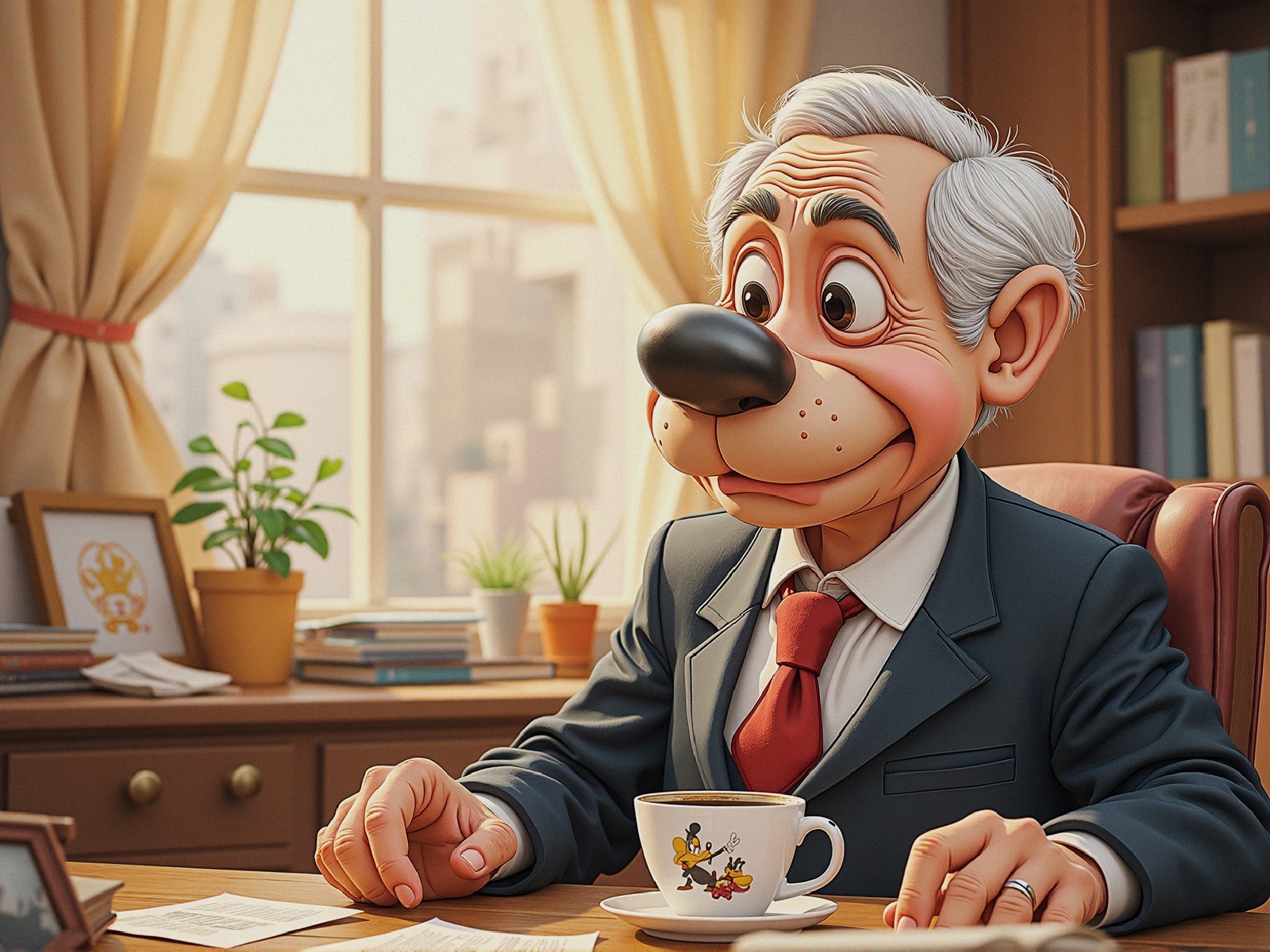 Whimsical Animated Character in Cozy Office Setting