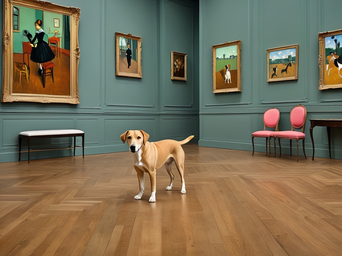 Elegant Room with Dog Surrounded by Vibrant Artworks