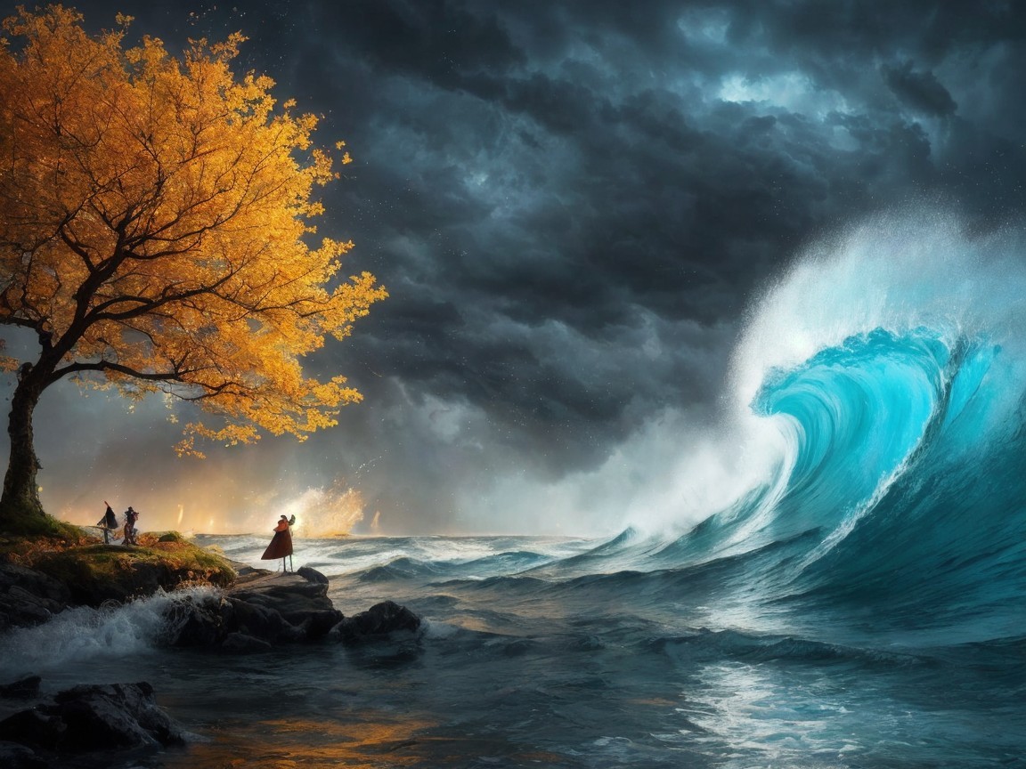 Dramatic Wave Crashing Against Rocky Shores with Autumn Tree