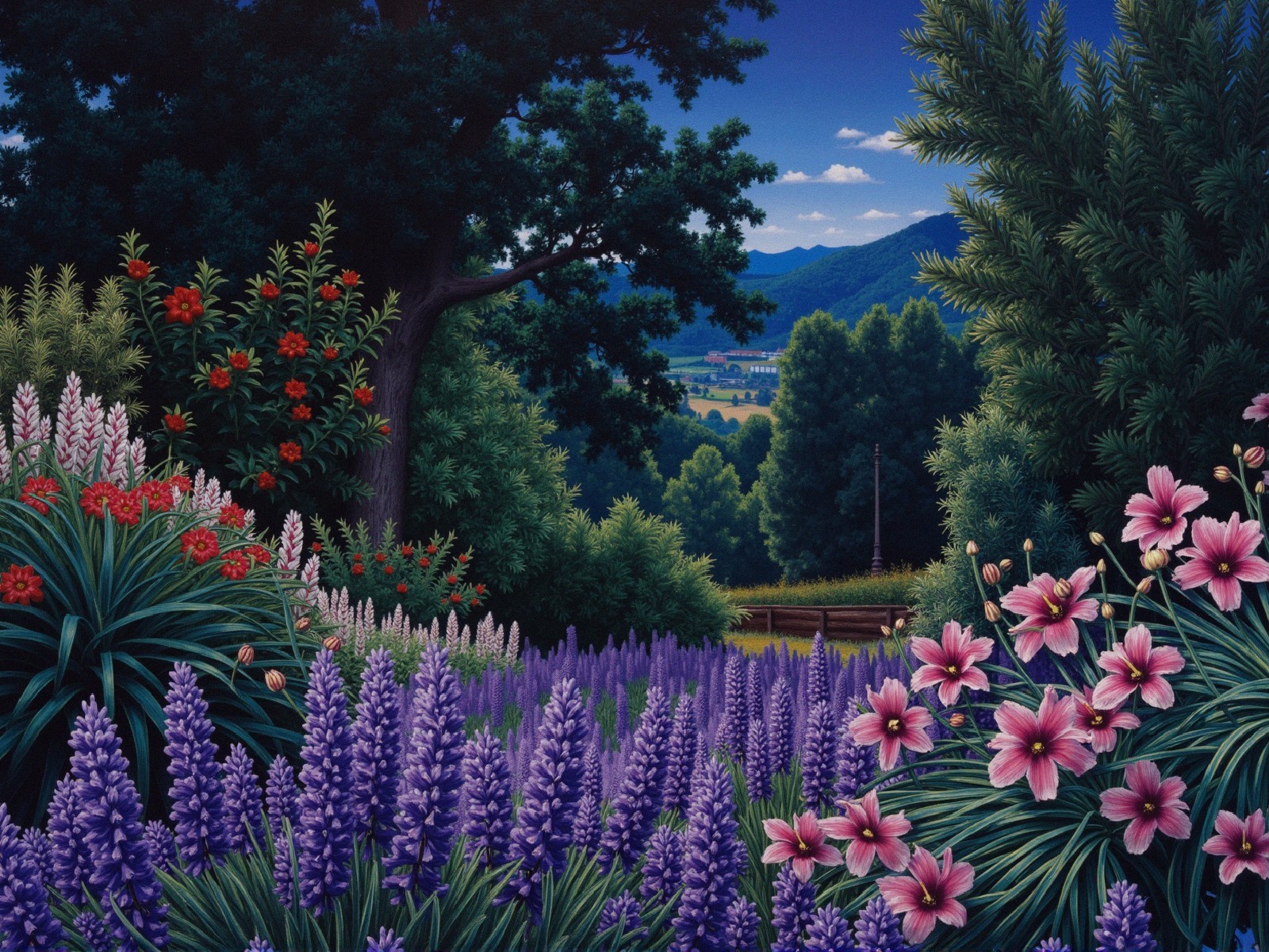 Vibrant Landscape with Green Trees and Colorful Flowers
