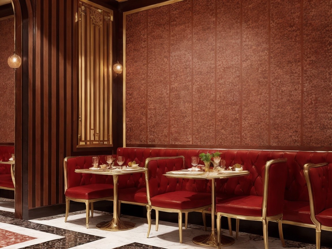 Elegant Restaurant Interior with Red Seating and Gold Accents