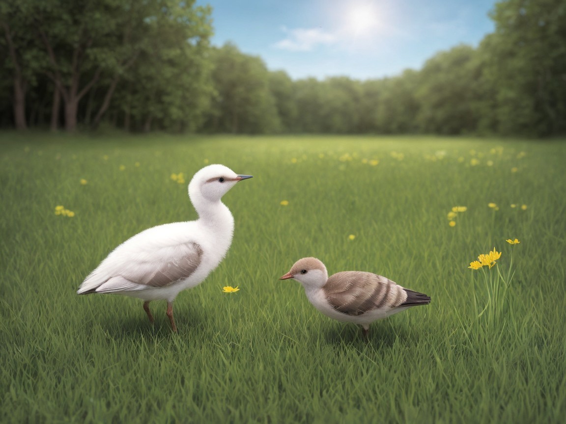 Two Birds in a Lush Green Field with Flowers