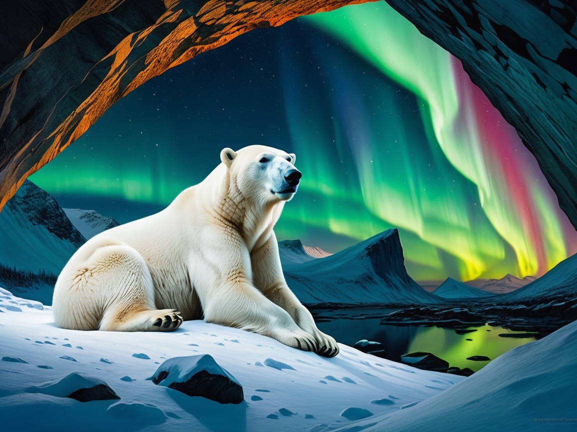 Polar Bear in Cave Under Aurora-lit Night Sky