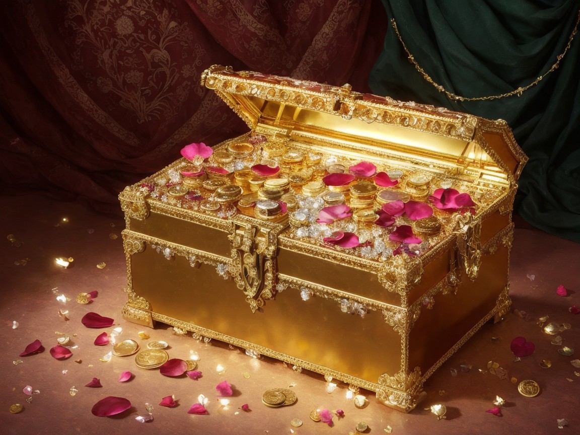Ornate golden treasure chest with gemstones and coins